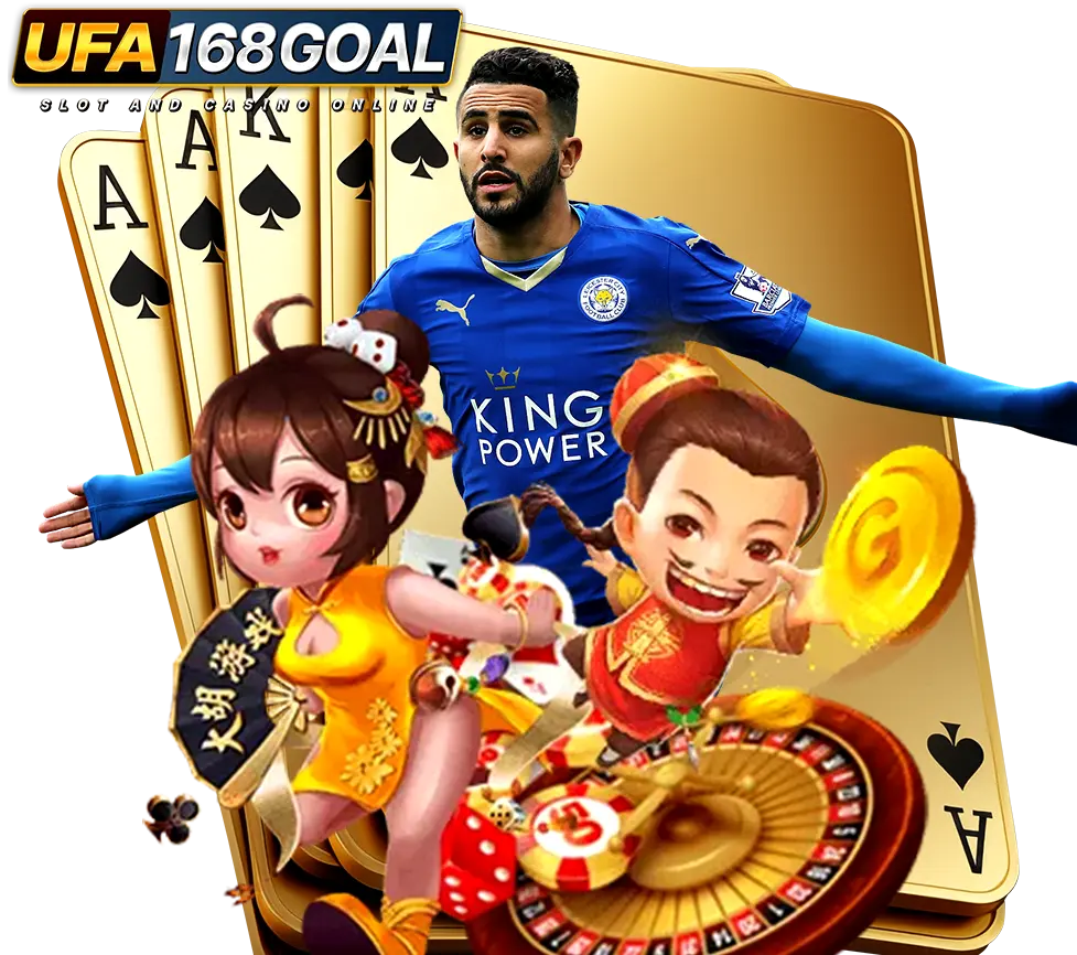 ภาพนักฟุตบอลชายในชุดแข่งขันพร้อมตัวละครการ์ตูนสล็อตและรูเล็ตบนพื้นหลังไพ่แบรนด์ UFA168GOAL